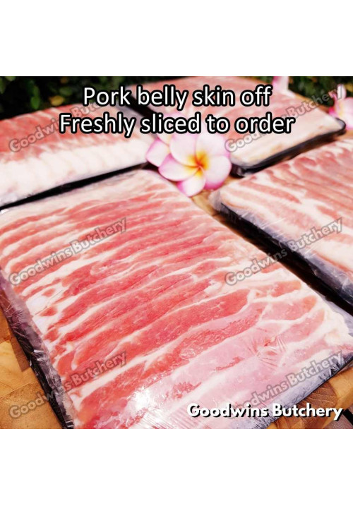 Pork belly skin off import samcan babi frozen Denmark DANISH CROWN 1/3 cuts +/- 1.5kg FRESHLY SLICED TO ORDER (price/kg)
